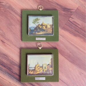 Vintage Style Olive Green Framed Art by Bernardo Belloto Spain Wall Hanging Art